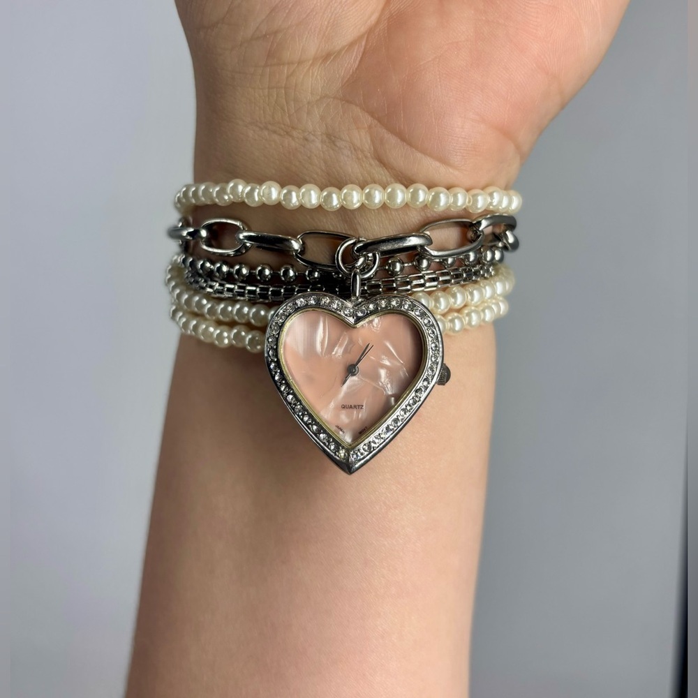 Pink‎ Quartz Rhinestone Heart Jeweled Watch Charm Bracelet Silver and Pearls